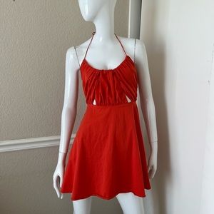 ZARA TRAFALUC COLLECTION Bright Orange Halter Flared Mini Dress w/ Cut-Outs Sz S